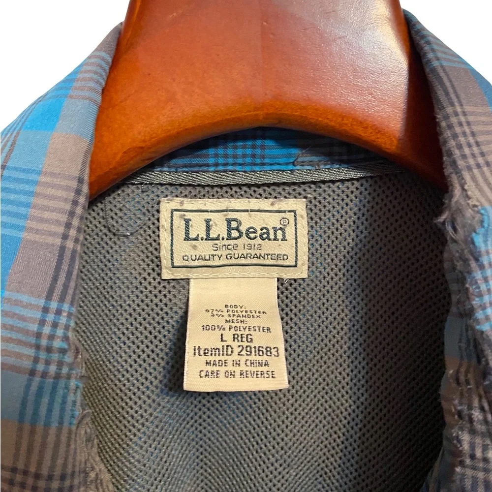 LL Bean Blue & Brown Plaid Outdoor Hiking Fishing Long Sleeve Shirt Size‎ Large